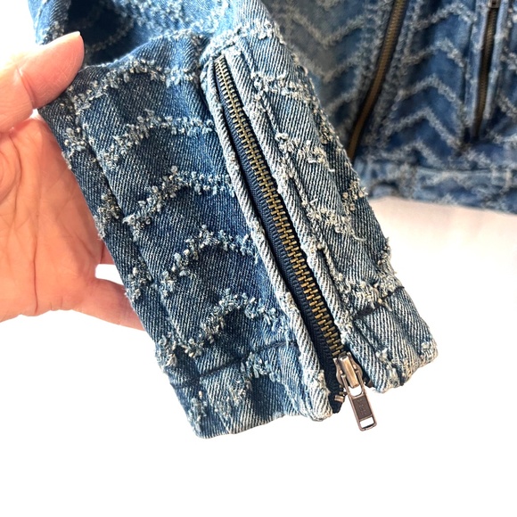 Free People Punched Denim Moto Jacket in Chevy Blue Chevron - Picture 6 of 10